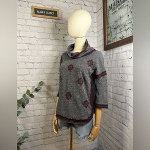 LUCKY LOTUS BRAND Sweater Embroidered Knit Pullover Cowl Neck